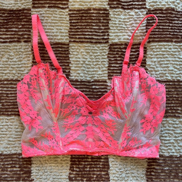 Victoria's Secret Other - Victoria's Secret VS Neon Pink beige Floral Lace Mesh Bustier Bra Top Lattice